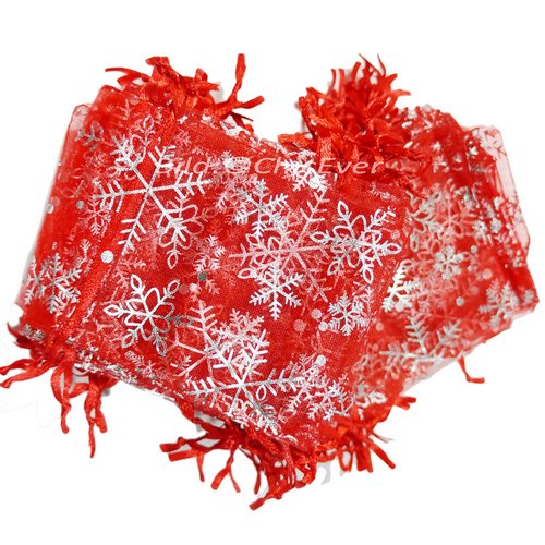 100x Schmuckbeutel 9x12cm Organzabeutel Verpackung rot silber Weihnachtsmotiv Schneeflocken